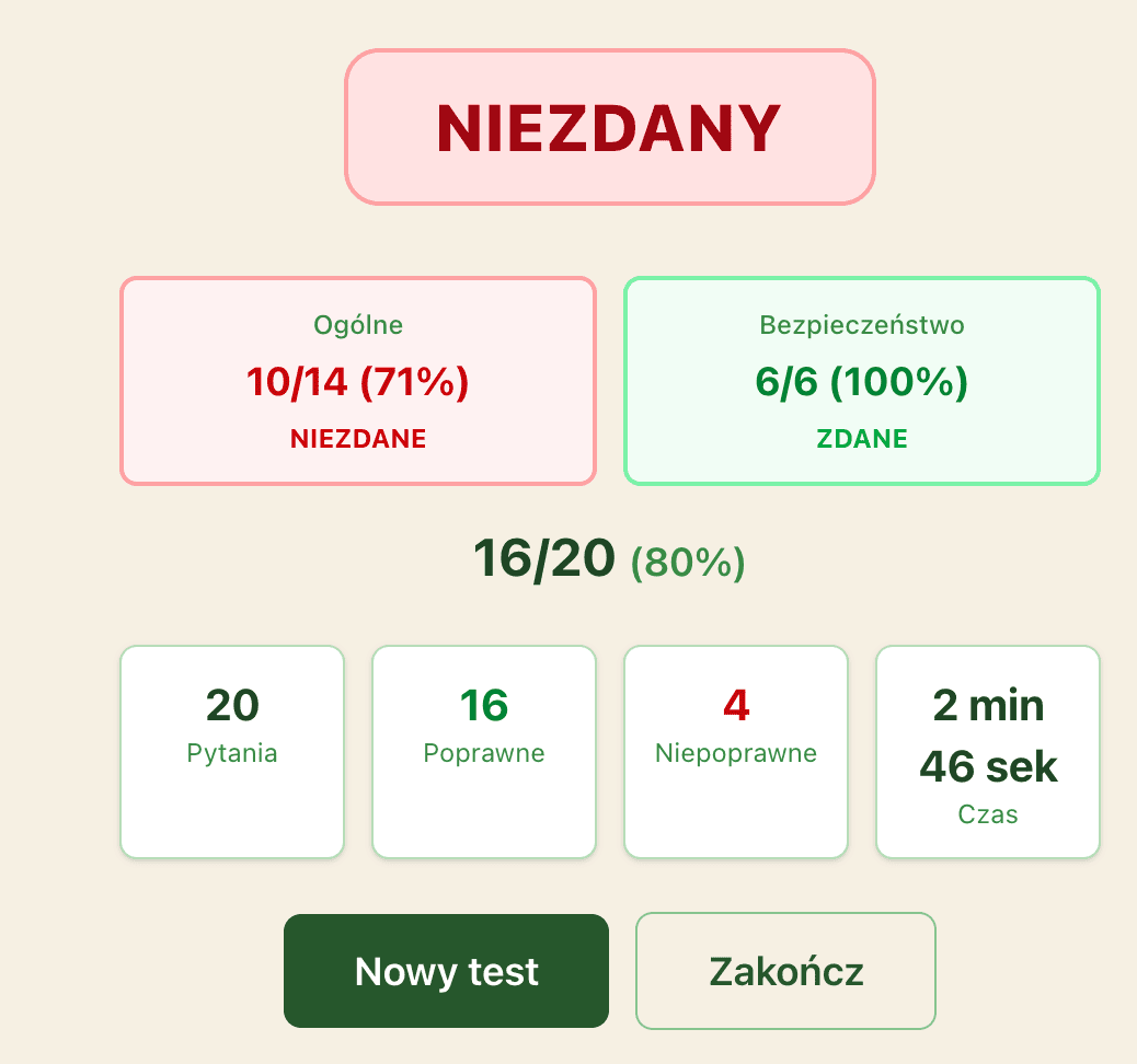 Podsumowanie egzaminu — wynik z podziałem na kategorie